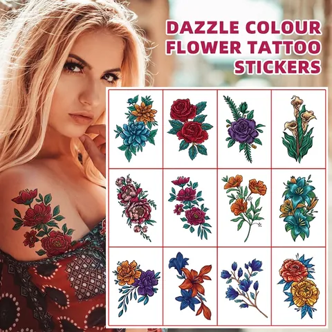Serie di Fiori Colorati Adesivi per Tatuaggi Temporanei Impermeabile Realistico Floreale Body Art per Donna Braccia Spalle Petto Vita Set di Decorazioni