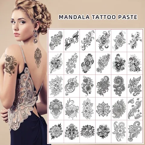 Mandala Flower Temporary Tattoo Stickers Waterproof Black Sketch Henna Style Body Art For Women Sexy Vintage Clavicle Chest