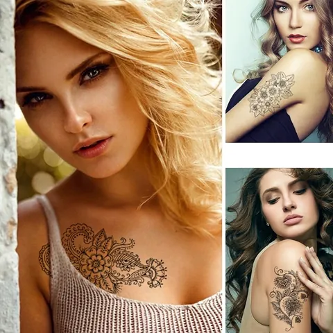 Mandala Flower Temporary Tattoo Stickers Waterproof Black Sketch Henna Style Body Art For Women Sexy Vintage Clavicle Chest
