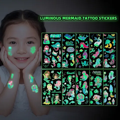 Mermaid Luminous Temporary Tattoo Stickers Glow In The Dark Waterproof Cartoon Marine Animal For Kids Party Decoration