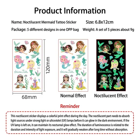 Mermaid Luminous Temporary Tattoo Stickers Glow In The Dark Waterproof Cartoon Marine Animal For Kids Party Decoration