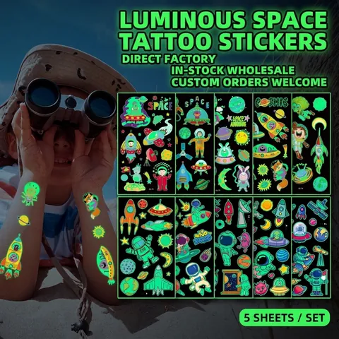 Autocollants De Tatouage Temporaire Lumineux Dessin Animé Espace Astronaute Brille Dans Le Noir Étanche Pour Enfant