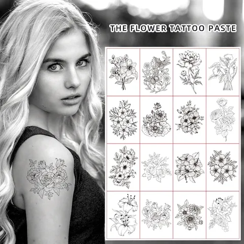Sketch Flower Temporary Tattoo Stickers For Women Waterproof Fine Line Realistic Body Art For Chest Arm Waist Shoulder