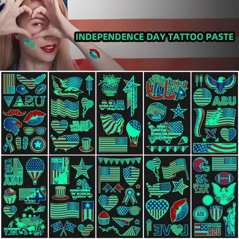 Pegatinas De Tatuajes Temporales Luminosos Día De La Independencia Impermeable Bandera USA Fourth Of July Patriótica Fiesta
