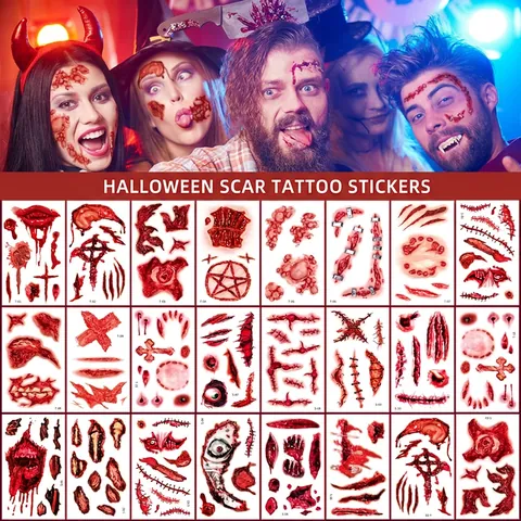 Tatuaggi Temporanei Cicatrici Halloween Impermeabili Orrore Realistico Ferite Sanguinanti Trucco SFX Per Feste Cosplay