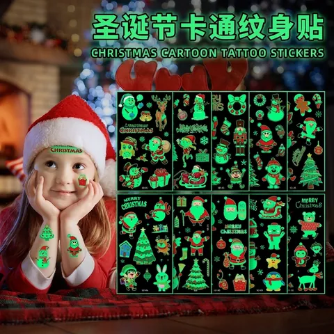 Tatuaggi Temporanei Luminosi Di Natale Adesivi Glow In The Dark Impermeabile Babbo Natale Cartone Animato Per Bambini