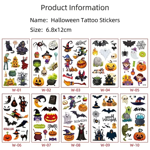 Pegatinas Tatuajes Temporales Halloween Impermeable Transferencia Calabaza Fantasma Bruja Cicatrices Divertido Fiesta Niños