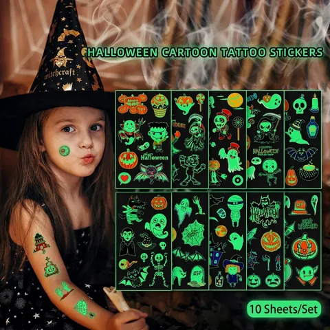 Adesivi Tatuaggi Luminosi Halloween Glow In The Dark Zucca Fantasma Pipistrello Scheletro Regali Di Festa Per Bambini