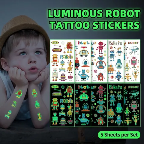 Adesivi Per Tatuaggi Temporanei Robot Cartoni Animati Luminosi Impermeabili Bagliore Al Buio Per Bomboniere Per Feste Di Compleanno Per Bambini