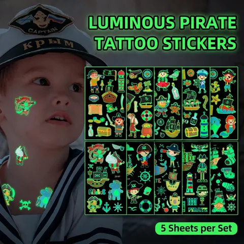 Pirate Luminous Temporary Tattoo Stickers Kids Glow In The Dark Waterproof Cartoon Body Face Decals For Party Festival