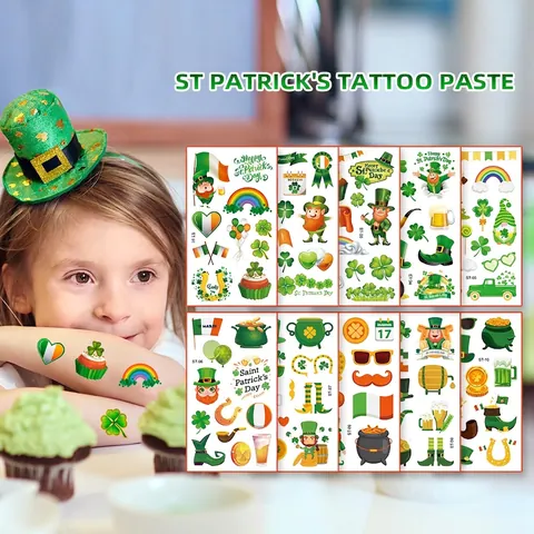 St Patricks Day Kinder Temporäre Tattoos Wasserdicht Cartoon Kleeblatt Kobold Irische Partybevorzugungen Aufkleber