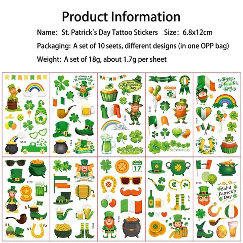 St Patricks Day Kinder Temporäre Tattoos Wasserdicht Cartoon Kleeblatt Kobold Irische Partybevorzugungen Aufkleber