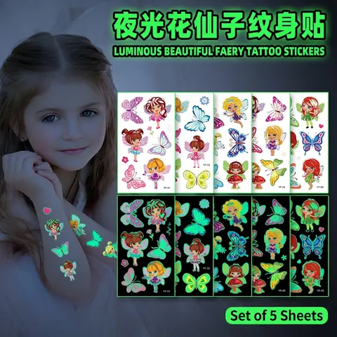 Luminous Temporäre Tattoo Aufkleber Wasserfest Glow In The Dark Blumenfee Schmetterling Cartoon Body Art Für Kinder Mädchen