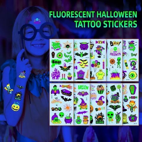 Luminous Halloween Temporary Tattoos Glow In The Dark UV Fluorescent Waterproof Cartoon Pumpkin Ghost Bat Skull Stickers