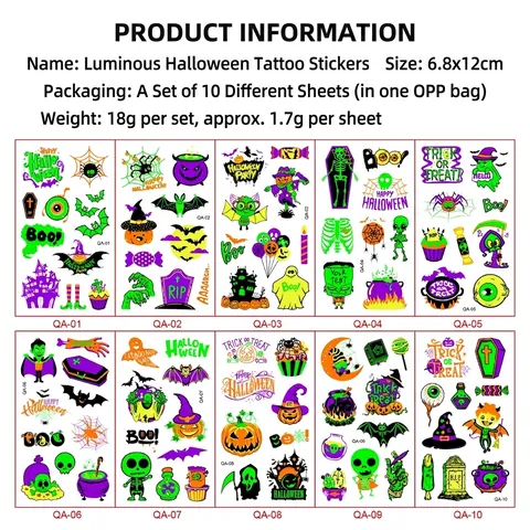 Luminous Halloween Temporary Tattoos Glow In The Dark UV Fluorescent Waterproof Cartoon Pumpkin Ghost Bat Skull Stickers