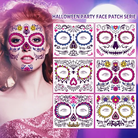 Fluorescent Halloween Face Tattoo Stickers Day Of The Dead Sugar Skull Temporary Waterproof Masquerade Party Decoration