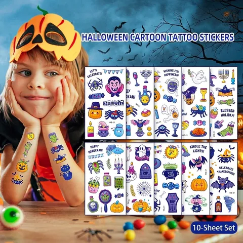 Halloween Temporary Tattoo Stickers for Kids Waterproof Cartoon Pumpkin Ghost Bat Spider Body Art for Festive Party Decoration