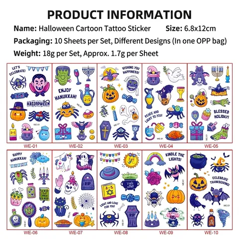 Halloween Temporary Tattoo Stickers for Kids Waterproof Cartoon Pumpkin Ghost Bat Spider Body Art for Festive Party Decoration