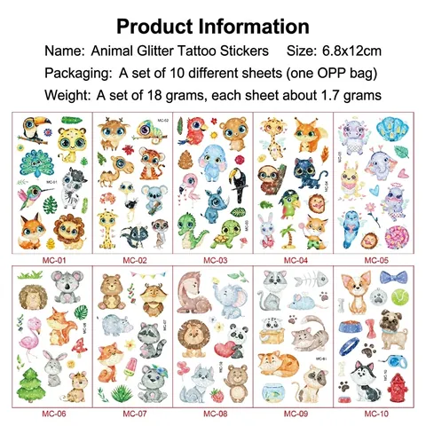 Pegatinas De Tatuajes Temporales Para Niños Dibujos Animados Animales Purpurina Impermeable Larga Duración Fiesta Decoración