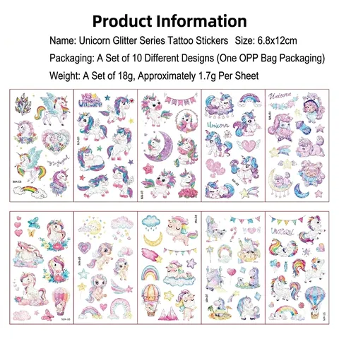 Adesivi Per Tatuaggi Temporanei Per Bambini Glitter Impermeabile Unicorno Arcobaleno Per Feste Di Ragazze Decorazione