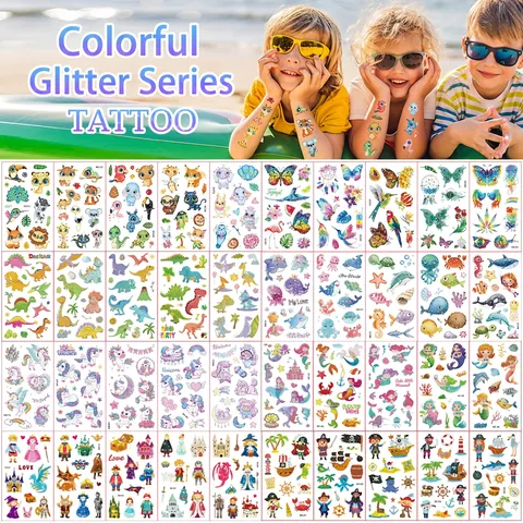 Glitzer Temporäre Tattoos Für Kinder Wasserdicht Cartoon Tattoo Aufkleber Für Geburtstag Party Geschenke Meerjungfrau Dinosaurier Einhorn Pirat Thema