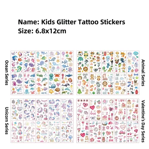 Glitzer Temporäre Tattoos Für Kinder Wasserdicht Cartoon Tattoo Aufkleber Für Geburtstag Party Geschenke Meerjungfrau Dinosaurier Einhorn Pirat Thema