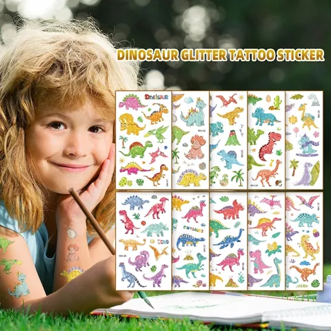 Kids Temporäre Tattoo Aufkleber Glitzer Wasserdicht Cartoon Dinosaurier Bunt Party Mitgebsel Körperkunst Für Jungen Mädchen