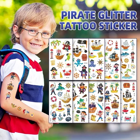 Kinder Cartoon Piraten Glitzer Temporäre Tattoo Aufkleber Wasserdicht Bunte Body Art Für Partyzubehör Alltag