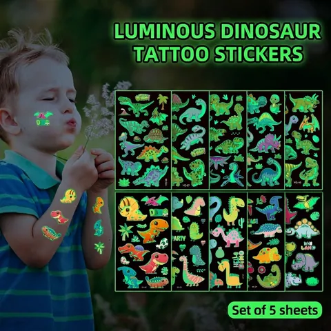 Tatuaggi Temporanei Dinosauro Luminosi Adesivi Che Brillano Al Buio Cartone Animato Impermeabile Per Feste Di Bambini