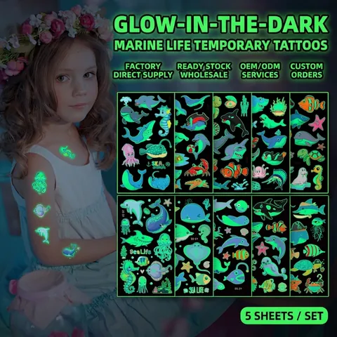 Lichtgevende Oceaan Tijdelijke Tatoeage Stickers Waterdicht Glow In The Dark Cartoon Zeedieren Voor Kinderen Feest Cadeaus
