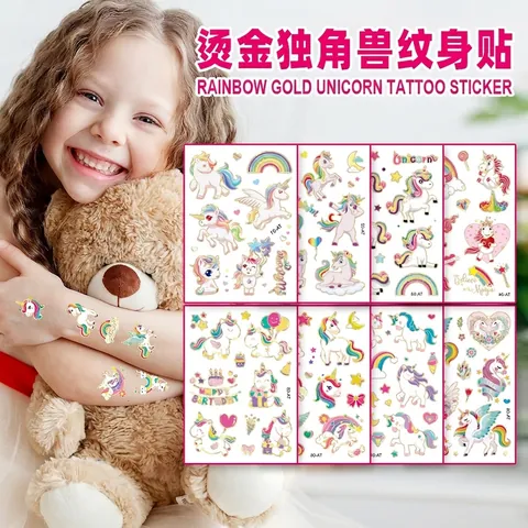 Tatuaggi Temporanei Unicorno Cartone Animato Adesivi Stampa Oro Laser Impermeabile Festa Body Art Per Bambini Arcobaleno