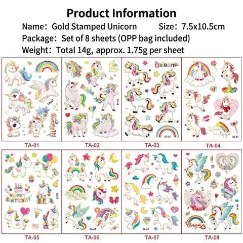 Tatuaggi Temporanei Unicorno Cartone Animato Adesivi Stampa Oro Laser Impermeabile Festa Body Art Per Bambini Arcobaleno