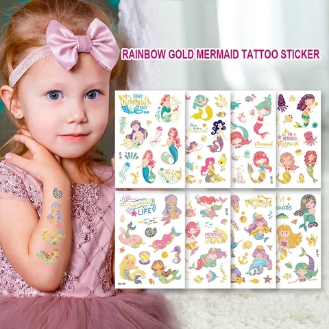 Mermaid Temporary Tattoos Gold Foil Cartoon Waterproof Shiny Body Art Stickers For Kids Girls Birthday Party Favors