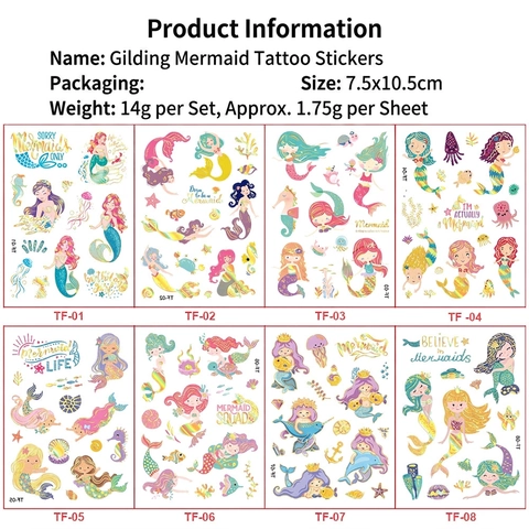 Mermaid Temporary Tattoos Gold Foil Cartoon Waterproof Shiny Body Art Stickers For Kids Girls Birthday Party Favors