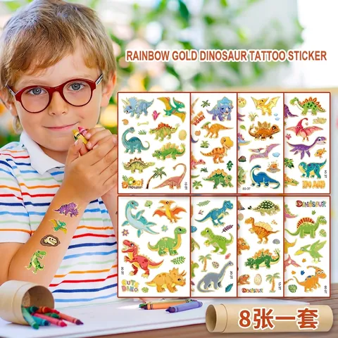 Metallische Dinosaurier Temporäre Tattoos Aufkleber Vergoldet Cartoon Body Art Wasserdicht Für Kinder Jungen Mädchen Geburtstag Party