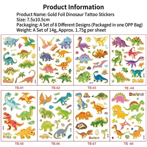 Metallische Dinosaurier Temporäre Tattoos Aufkleber Vergoldet Cartoon Body Art Wasserdicht Für Kinder Jungen Mädchen Geburtstag Party