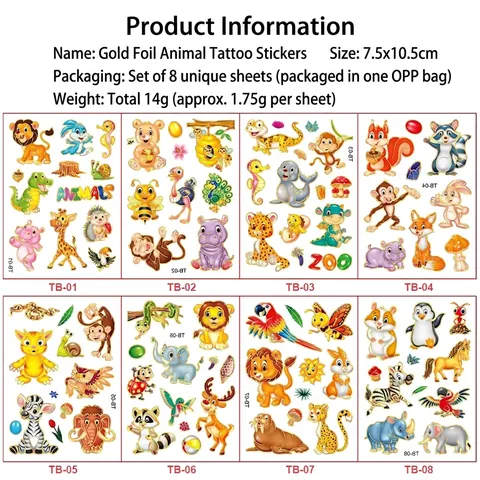 Adesivi per Tatuaggi Temporanei Cartoon Animal Stampa Laser Oro per Bambini Impermeabile Tema Giungla Zoo Decorazioni Festa