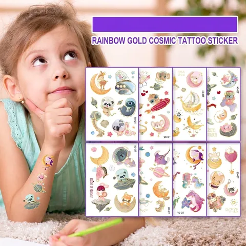 Gold Foil Temporary Tattoo Stickers Cartoon Space Astronaut Animal Waterproof For Kids Birthday Party Favors