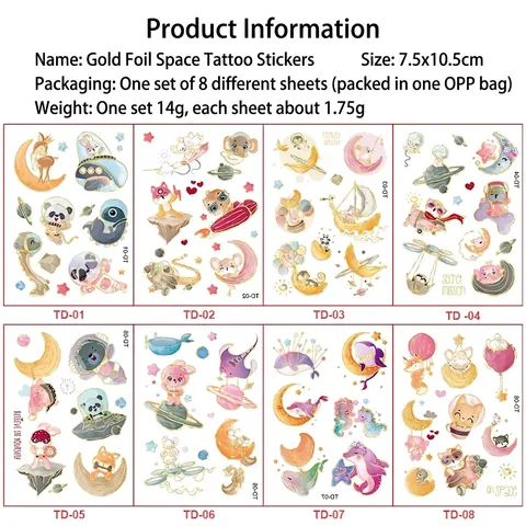 Gold Foil Temporary Tattoo Stickers Cartoon Space Astronaut Animal Waterproof For Kids Birthday Party Favors