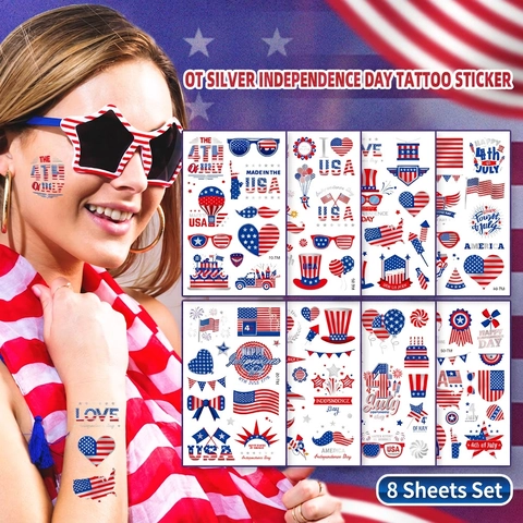 Autocollants De Tatouages Temporaires Du Jour De L'indépendance Estampage Argent Drapeau Américain USA Articles De Fête Patriotique