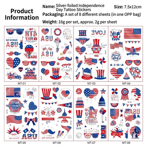 Autocollants De Tatouages Temporaires Du Jour De L'indépendance Estampage Argent Drapeau Américain USA Articles De Fête Patriotique