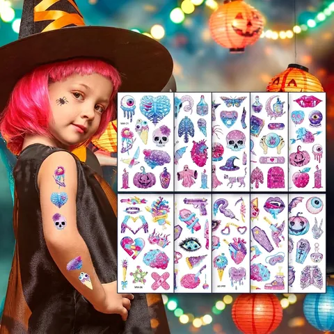 Tatuaggi Temporanei Glitter Halloween Adesivi Impermeabile Cartone Animato Zucca Teschio Pipistrello Arredo Bambini