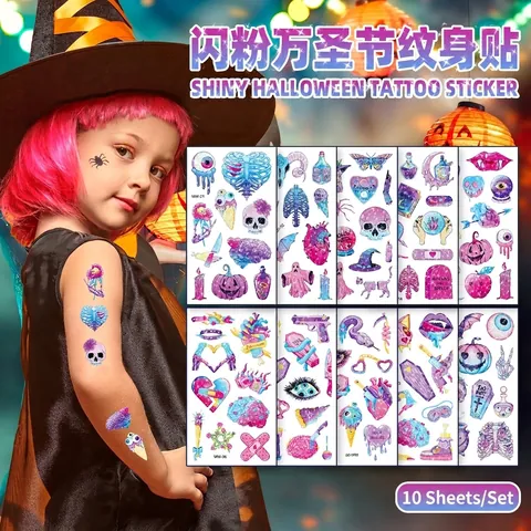 Tatuaggi Temporanei Glitter Halloween Adesivi Impermeabile Cartone Animato Zucca Teschio Pipistrello Arredo Bambini