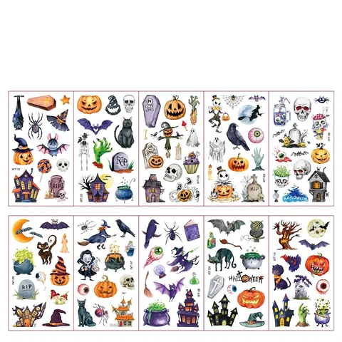 Halloween Temporäre Tattoo Aufkleber Für Kinder Cartoon Kürbis Geist Fledermaus Spinne Wasserdicht Body Art Für Party Deko