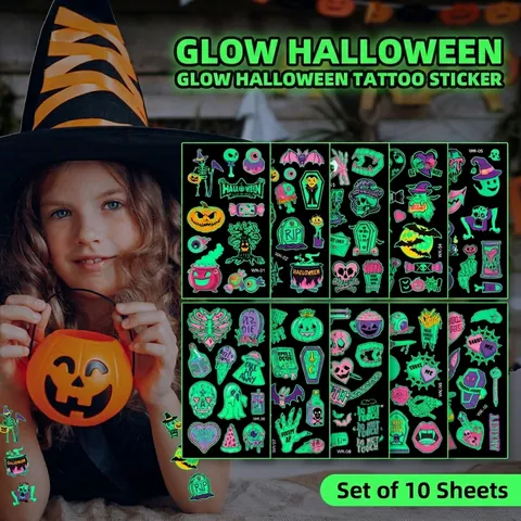 Tatuaggi Temporanei Luminosi Halloween Adesivi Cartone Animato Brillano Al Buio Impermeabili Fluorescenti Bambini Festa