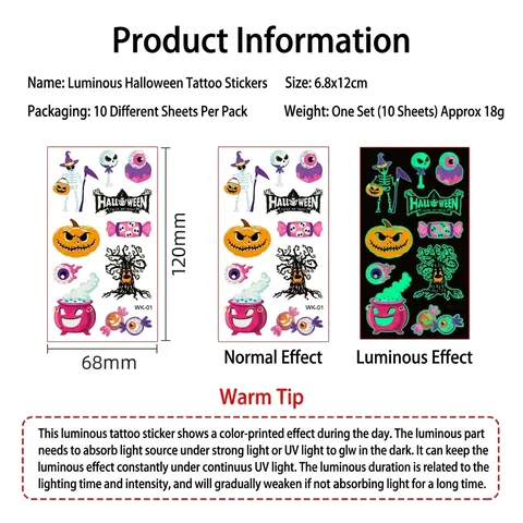 Tatuaggi Temporanei Luminosi Halloween Adesivi Cartone Animato Brillano Al Buio Impermeabili Fluorescenti Bambini Festa
