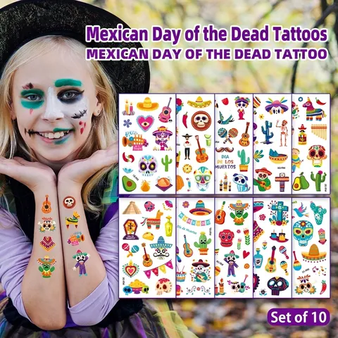 Tatuaggi Temporanei Giorno Dei Morti Messicani Impermeabile Teschio Di Zucchero Per Festa Halloween Bambini Adulti