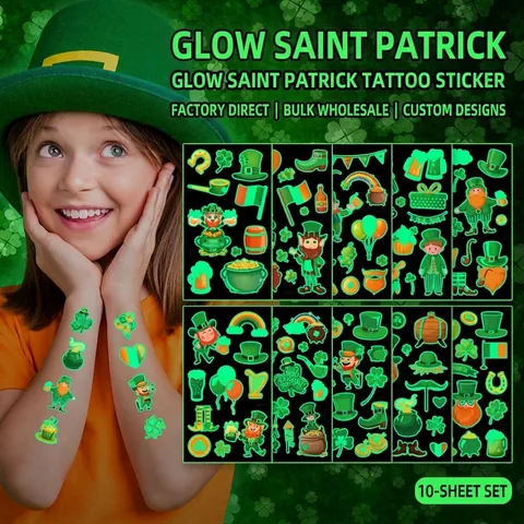 Pegatinas De Tatuajes Temporales Luminosos Del Día De San Patricio Trébol Verde Impermeable Para Niños