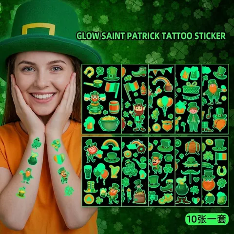 Adesivi Per Tatuaggi Temporanei Luminosi Di San Patrizio Trifoglio Verde Impermeabile Per Bambini
