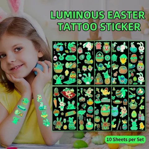 Tatuaggi Temporanei Luminosi Di Pasqua Adesivi Bambini Coniglio Cartone Animato Uovo Impermeabile Brilla Al Buio Festa